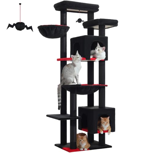 PAWZ Road Großer Kratzbaum, 175 cm mehrstöckiger Kratzturm, Katzenturm für große Katzen, Katzenhaus mit 5 Sisal-Kratzsäulen, 2 Katzentoiletten, Korb, Hängematte und Plüsch-Sitzstangen Schwarz von PAWZ Road