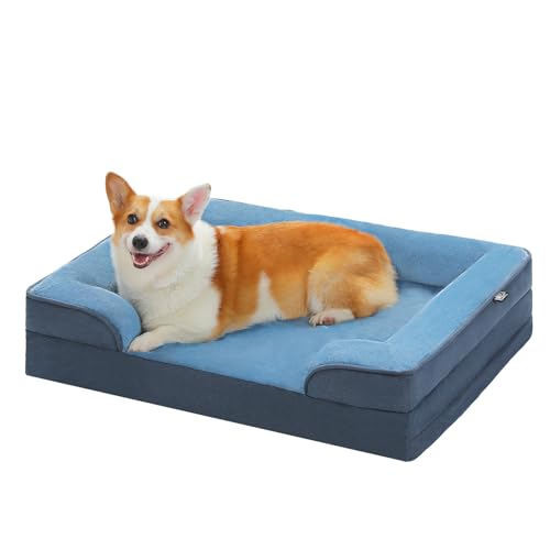 PAWZ Road Großes Hundebett, waschbar, orthopädisch mit abnehmbarem Flanellbezug und Reißverschluss, Hundesofa für große Hunde, 2-lagiges wasserdichtes Hundebett Blau, 89x63x16cm von PAWZ Road