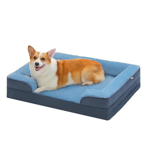 PAWZ Road Großes Hundebett, waschbar, orthopädisch mit abnehmbarem Flanellbezug und Reißverschluss, Hundesofa für große Hunde, 2-lagiges wasserdichtes Hundebett Blau, 89x63x16cm von PAWZ Road