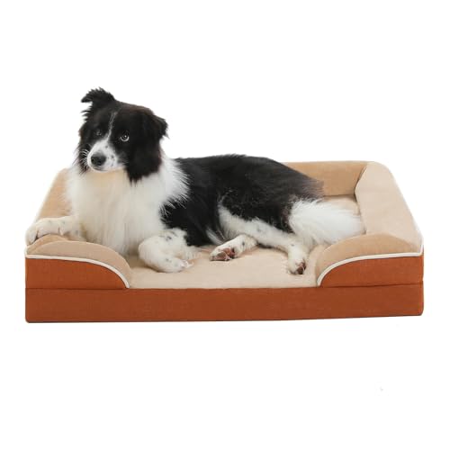 PAWZ Road Großes Hundebett, waschbar, orthopädisch mit abnehmbarem Flanellbezug und Reißverschluss, Hundesofa für große Hunde, 2-lagiges wasserdichtes Hundebett Khaki, 89x63x16cm von PAWZ Road