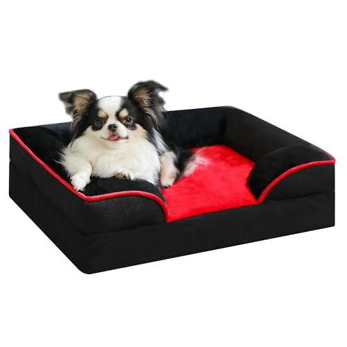 PAWZ Road Hundebett klein, waschbar, orthopädische Hundebetten mit abnehmbarem Flanell-Bezug mit Reißverschluss, Hundesofa für kleine Hunde, 2-lagiges, wasserdichtes Hundebett, Rot, 61 x 45 x 16 cm von PAWZ Road