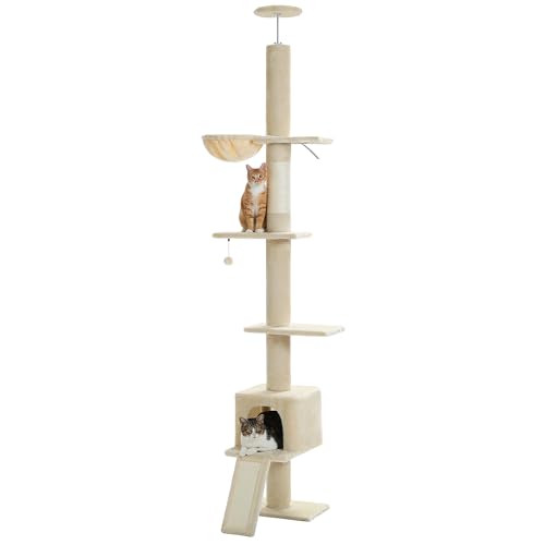 PAWZ Road Kratzbaum deckenhoch, Katzenbaum vom Boden bis zur Decke verstellbar, höhenverstellbar (216-273cm), Katzenturm mit Hängematte und Katzenhöhle, Anti-Sturzgurt Beige von PAWZ Road