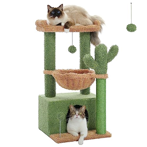 PAWZ Road Kaktus Katzenbaum für Indoor-Katzen mit Hängematte, Katzenturm mit Kratzbaum, großer oberer Sitzstange, Katzenkratzbaum, Grün 102 cm von PAWZ Road