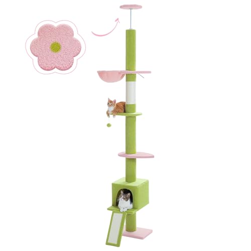 PAWZ Road Blume Kratzbaum deckenhoch, Blumen-Katzenbaum vom Boden bis zur Decke verstellbar höhenverstellbar 216-273cm, Katzenturm mit Hängematte und Katzenhöhle, Anti-Sturzgurt Rosa von PAWZ Road