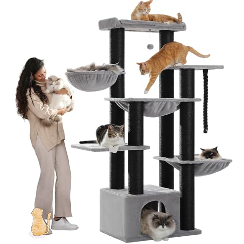 PAWZ Road [MADE IN EU] Kratzbaum Grosse Katzen stabil mit mehreren Ebenen, Kratzbaum groß mit Hängematte, 13 Sisalpfosten(φ11cm), Großer Sitzstange, Höhle, Körben, Kratzbaum XXL 169 cm, Schwarz von PAWZ Road