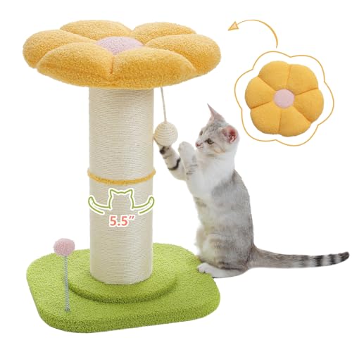 PAWZ Road Katzenkratzbaum, hoher Katzenkratzbaum für Indoor-Katzen mit super dickem Kratzbaum [Dia=14cm], Abnehmbares Flauschiges Katzenbett, Katzenkratzbaum mit Federball, Gelb von PAWZ Road