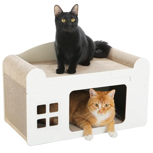 PAWZ Road Kratzbrett für Katzen, Katzenhöhle mit Kratzbrett, Katzenhaus Indoor aus Pappe, Kratzpappe für Katzen, Kratzpad Lounge, Langlebiges Katzenspielzeug 55 x 27,5 x 35 cm, Weiß von PAWZ Road