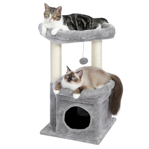 PAWZ Road Kleiner Katzenbaum, mehrstöckiger Katzenturm mit Sisal-überzogenem Kratzbaum, gemütlicher Katzenwohnung und großer Katzensitzstange für Hauskatzen, Grau von PAWZ Road