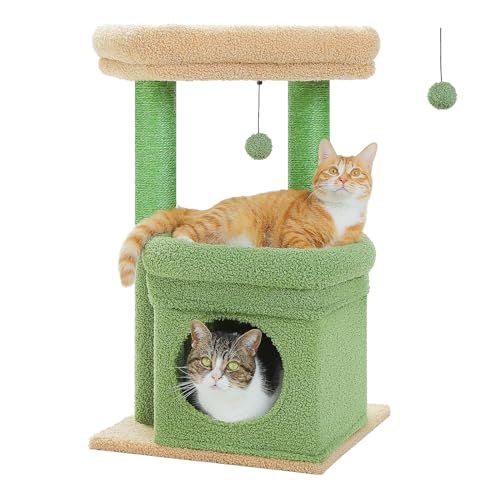 PAWZ Road Kleiner Katzenbaum, mehrstöckiger Katzenturm mit Sisal-überzogenem Kratzbaum, gemütlicher Katzenwohnung und großer Katzensitzstange für Hauskatzen, Grün von PAWZ Road