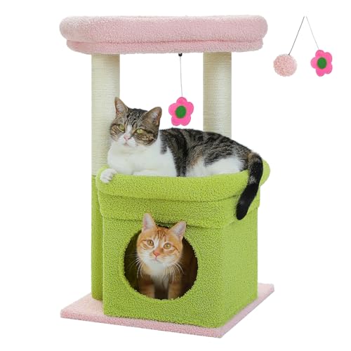 PAWZ Road Kleiner Katzenbaum, mehrstöckiger Katzenturm mit Sisal-überzogenem Kratzbaum, gemütlicher Katzenwohnung und großer Katzensitzstange für Hauskatzen, Rosa von PAWZ Road