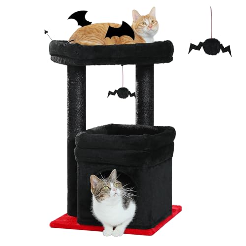 PAWZ Road Gothic Kleiner Katzenbaum, mehrstöckiger Katzenturm mit Sisalüberzogenem Kratzbaum, gemütliches Katzenhaus und große Katzen-Sitzstange für Indoor-Katzen, Schwarz, Halloween von PAWZ Road