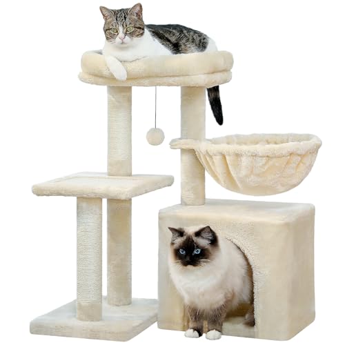 PAWZ Road Kleiner Kratzbaum, 71,8 cm Katzenturm, 2 Arten Katzen Aktivitätsbaum mit Katzenkratzbäumen, großer Hängematte Beige von PAWZ Road