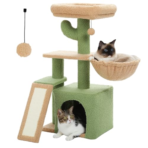 PAWZ Road Kaktus-Katzenbaum mit Kratzunterlage und großer Hängematte, Katzenturm mit Höhle, kleiner Katzenturm, bequemer Korb für Indoor-Katzen, 80 cm, Grün von PAWZ Road