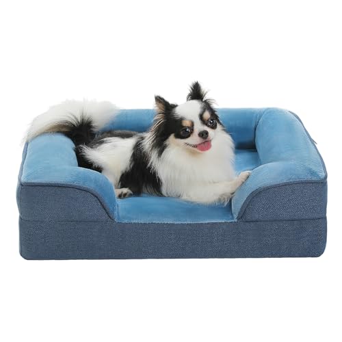 PAWZ Road Kleines Hundebett, waschbar, orthopädisch mit abnehmbarem Flanellbezug und Reißverschluss, Hundesofa für kleine Hunde, 2-lagiges wasserdichtes Hundebett Blau, 61x45x16cm von PAWZ Road