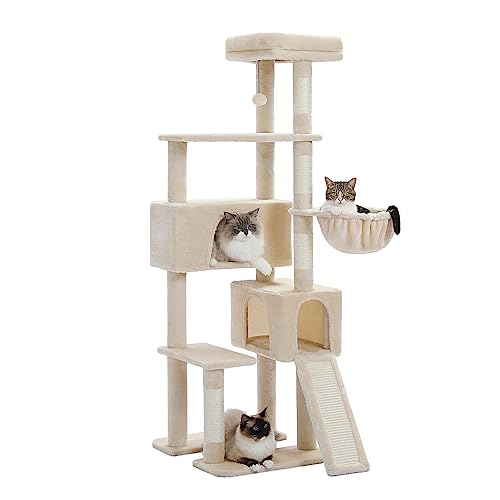 PAWZ Road Kratzbaum, 152,4 cm großer Katzenturm mit zwei Höhlen, geräumiger Sitzstange, gemütlichem Korb und Sisal-bedeckten Kratzbäumen für Indoor-Katzen, Beige von PAWZ Road