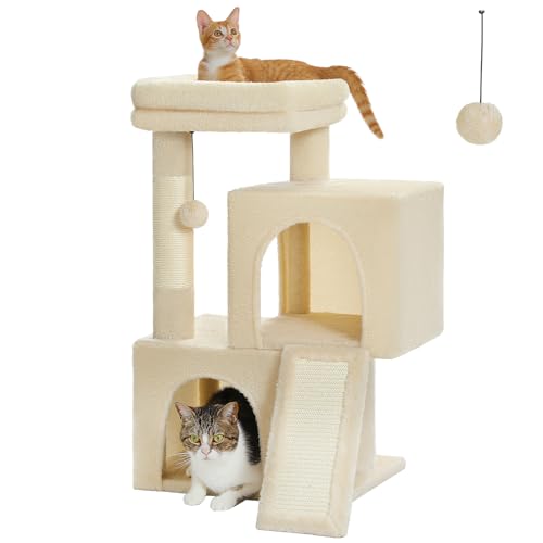 PAWZ Road Kratzbaum, 76,2 cm großer Katzenturm mit zwei Höhlen für Indoor-Katzen, All-in-One-Katzenhaus mit gepolsterter Sitzstange, Kratzrampe und Pfosten und austauschbaren Bällen, Beige von PAWZ Road