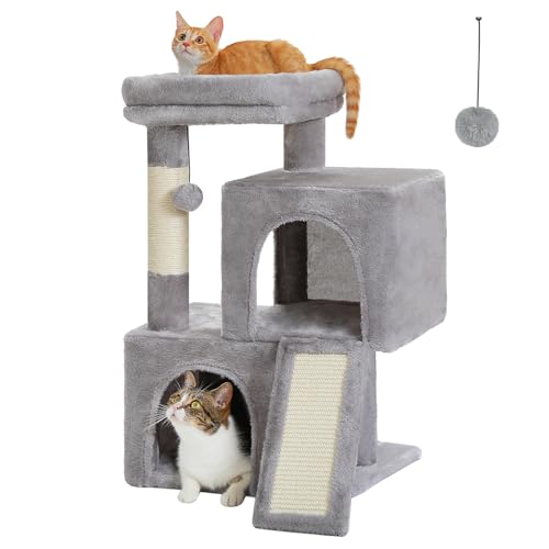 PAWZ Road Kratzbaum, 76,2 cm großer Katzenturm mit zwei Höhlen für Indoor-Katzen, All-in-One-Katzenhaus mit gepolsterter Sitzstange, Kratzrampe und Pfosten und austauschbaren Bällen, Grau von PAWZ Road