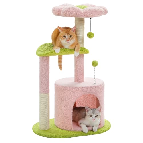 PAWZ Road Kratzbaum, 81,3 cm, rosa Blumen-Katzenturm mit Sisalüberzug, gemütlicher Höhle, Plüsch-Sitzstangen und flauschigen Bällen für Indoor-Katzen von PAWZ Road