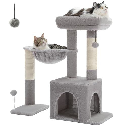 PAWZ Road Kratzbaum, Kleiner Katzenturm [75CM] mit großer Hängematte, 2 Arten von Katzen Aktivität Baum mit Sisal Katze Kratzbaum, interaktive Danging Ball für Indoor-Katzen grau von PAWZ Road