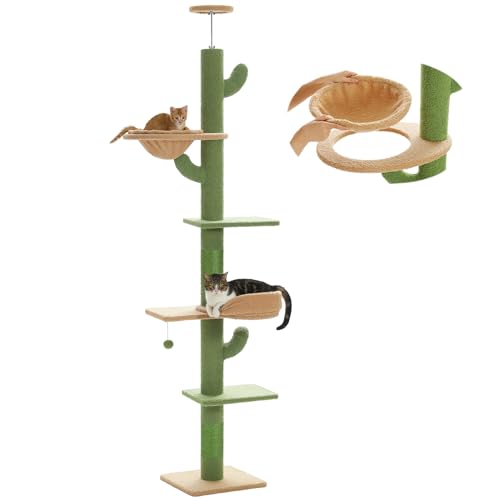 PAWZ Road Kaktus-Katzenbaum vom Boden bis zur Decke, 5 geräumige Plattformen, Katzenturm, 1 Hängematte und baumelnde Bälle für Indoor-Katzen, verstellbare Höhe (205–255 cm) von PAWZ Road