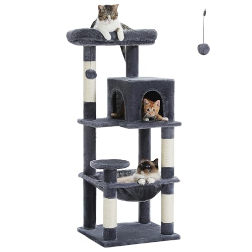 PAWZ Road Kratzbaum für Hauskatzen, 116 cm mehrstufiger Katzenturm mit großer Metallrahmen-Hängematte, Katzenwohnung mit 4 Kratzbäumen und oberer Sitzstange für kleine mittelgroße Katzen, Dunkel Grau von PAWZ Road