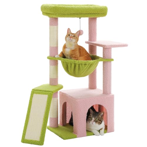 PAWZ Road Kaktus-Katzenbaum für Hauskatzen mit super großer Höhle, 1 Sisalbrett, 3 Kratzstämme, mit großer Hängematte und Sitzstange, 90 cm, Rosa von PAWZ Road