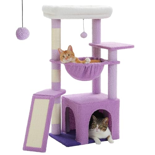 PAWZ Road Kaktus-Katzenbaum für Indoor-Katzen mit super großer Höhle, 1 Sisalbrett, 3 Kratzstämme, Katzenkratzturm mit großer Hängematte und Sitzstange, 90 cm, Lila von PAWZ Road