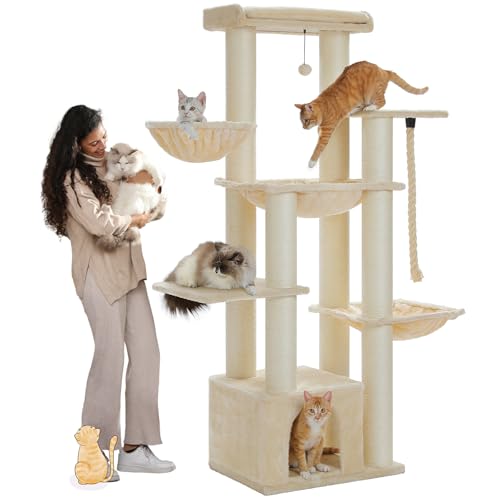 PAWZ Road Kratzbaum für große Katzen, robuster mehrstufiger Katzenturm, Katzenhaus Kletterbaum mit Hängematte, 11 Kratzstämme, große Sitzstange, Höhle, Körbe, 169 cm, Beige von PAWZ Road