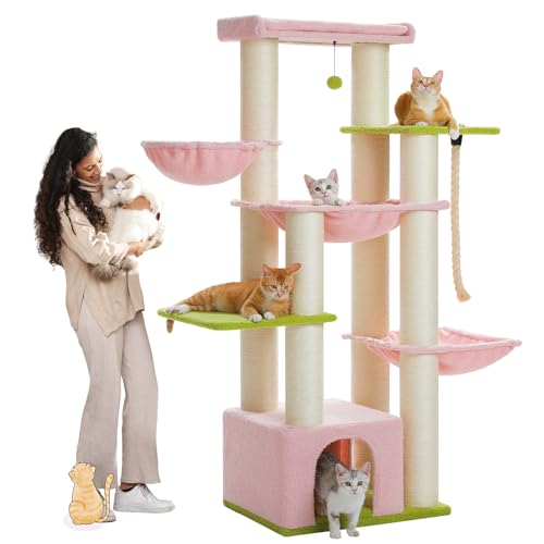 PAWZ Road Kratzbaum für große Katzen, robuster mehrstufiger Katzenturm, Katzenhaus Kletterbaum mit Hängematte, 11 Kratzstämme, große Sitzstange, Höhle, Körbe, 169 cm, Rosa von PAWZ Road