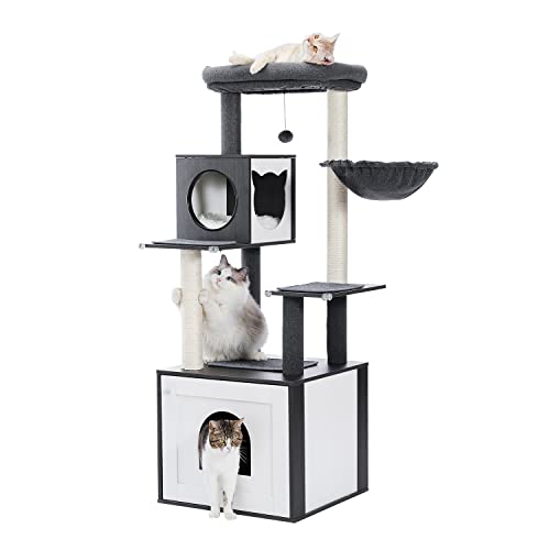 PAWZ Road Moderner Katzenbaum Holz Katzenturm mit Aufbewahrungsschrank Katzentoilette Gehege und geräumiger Katzenhütte Große obere Sitzstange und Hängematte Schwarz von PAWZ Road