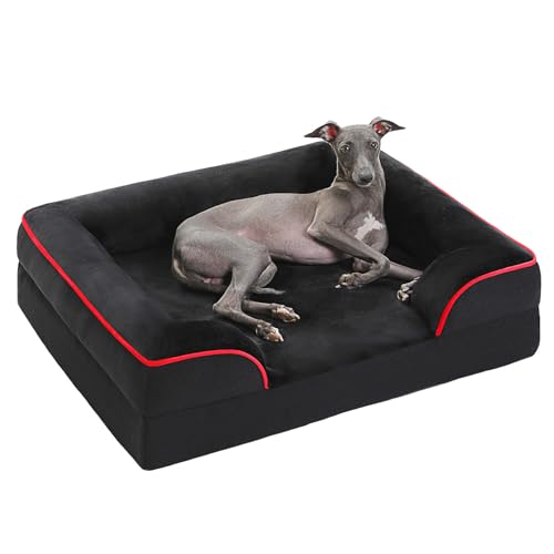 PAWZ Road Mittelgroßes Hundebett, waschbar, orthopädisch mit abnehmbarem Flanellbezug und Reißverschluss, Hundesofa für mittelgroße Hunde, 2-lagiges wasserdichtes Hundebett Schwarz, 71x58x16cm von PAWZ Road