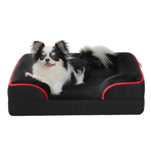 PAWZ Road Kleines Hundebett, waschbar, orthopädisch mit abnehmbarem Flanellbezug und Reißverschluss, Hundesofa für kleine Hunde, 2-lagiges wasserdichtes Hundebett Schwarz, 61x45x16cm von PAWZ Road