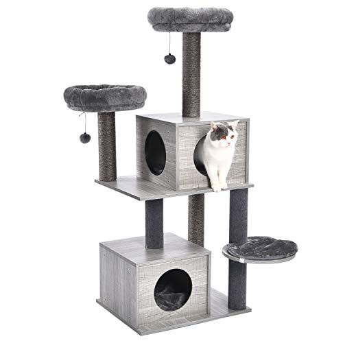 PAWZ Road Stabiler Kratzbaume Kratzbäume Katzenbaum Moderne mit Sisal überzogenen Stämme und Katzenhaus, Kletterbaum Katzenmöbel Grau von PAWZ Road