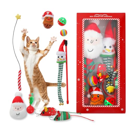 PAWZ Road Weihnachts-Katzenspielzeug, 10 Stück Geschenk für Kätzchen mit Weihnachtsmann, Zuckerstange Plüschtier, Feder, weihnachtlich gefärbt und Rentier-Glockenball, niedliche Mäuse 10 PCS von PAWZ Road