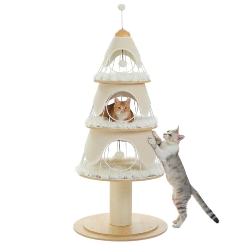 PAWZ Road Weihnachtskatzenbaum, 130 cm, Katzenturm mit 14cm Sisal-überzogenem Kratzbaum und 3 großen Katzenhütten, großer Kratzbaum für Hauskatzen, Weiß von PAWZ Road