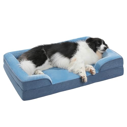 PAWZ Road XL Hundebett, waschbar, orthopädisch mit abnehmbarem Flanellbezug und Reißverschluss, Hundesofa für große Hunde, 2-lagiges wasserdichtes Hundebett Blau, 107x81x16cm von PAWZ Road