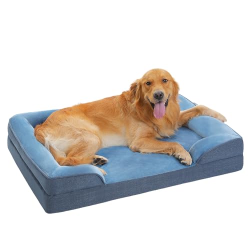 PAWZ Road XL Hundebett, waschbar, orthopädisch mit abnehmbarem Flanellbezug und Reißverschluss, Hundesofa für große Hunde, 2-lagiges wasserdichtes Hundebett Blau, 107x81x16cm von PAWZ Road