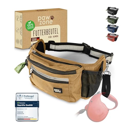 PAWZONE Futterbeutel Hunde - Leckerlibeutel für Hunde - Bauchtasche für Hunde Zubehör - Leckerlitasche für Hunde - Inkl. Reflektorband & Zusatzgurt für Flexileine (Desert) von PAWZONE