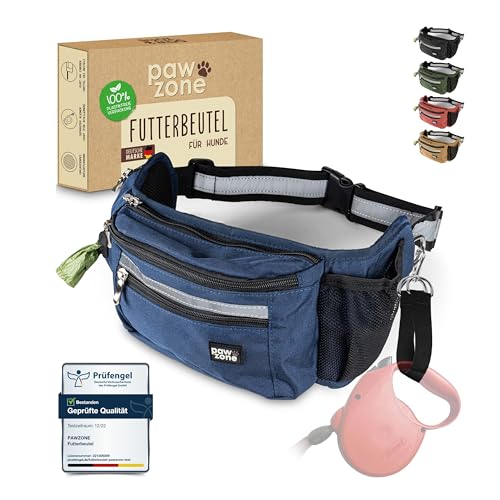 PAWZONE Futterbeutel Hunde - Leckerlibeutel für Hunde - Bauchtasche für Hunde Zubehör - Leckerlitasche für Hunde - Inkl. Reflektorband & Zusatzgurt für Flexileine (Marineblau) von PAWZONE