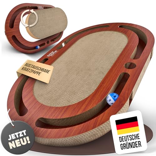 PAWZONE® Kratzbrett [Pappe austauschbar] hochwertige XXL Kratzpappe in stabilem MDF - Zubehör für Katzen - Kratzmatte | Katzenzubehör - Kratzmöbel Katze | Cat Scratcher (Braun) von PAWZONE