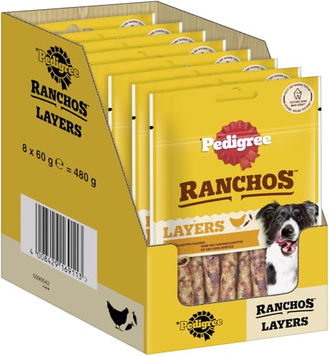 PEDIGREE RANCHOS Hundesnacks Huhn Kaustangen für Hunde, 8x60g - Leckere Kausticks von PEDIGREE