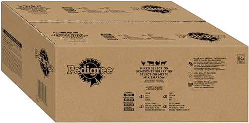 PEDIGREE Adult Hundefutter nass - 84x100g Portionsbeutel - mit Huhn, Rind, Lamm und Truthahn - Nassfutter für Hunde mit Sauce - 1 Großpackung von PEDIGREE