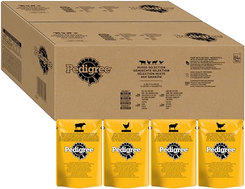 Pedigree Adult Multipack Gemischte Selektion in Gelee - Hundenassfutter im Portionsbeutel für erwachsene Hunde - 4 Varietäten - 84 x 100g von PEDIGREE