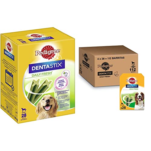 Pedigree DentaStix Daily Fresh Zahnpflegesnack für große Hunde – Aktivwirkstoffen; 4x28 Stück & DentaStix Daily Fresh Zahnpflegesnack für mittelgroße Hunde – Aktivwirkstoffen – 4 x 28 Stück von PEDIGREE