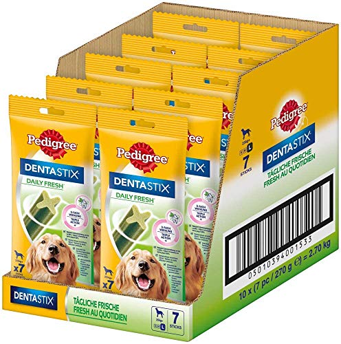 Pedigree DentaStix Daily Fresh Zahnpflegesnack für große Hunde – Hundeleckerli mit Aktivwirkstoffen für jeden Tag – Für gesunde Zähne und einen frischen Atem – 70 Sticks (10 x 7 Stück) von PEDIGREE