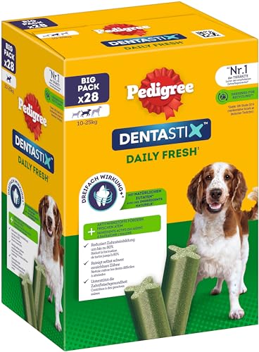 Mars Pedigree DentaStix Daily Fresh Zahnpflegesnack für mittelgroße Hunde (10–25 kg), 112 Sticks, 4er Pack, 4x28 Stück – Hundeleckerlis für jeden Tag, für gesunde Zähne und einen frischen Atem von PEDIGREE