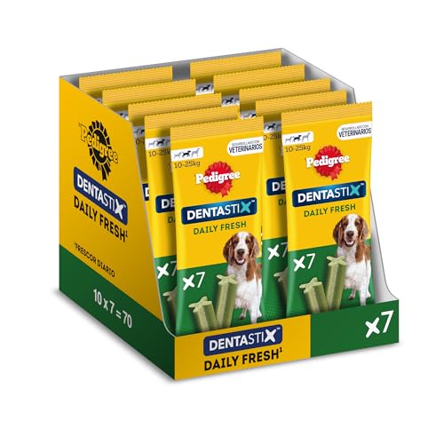 Pedigree DentaStix Daily Fresh Zahnpflegesnack für mittelgroße Hunde – Hundeleckerli mit Aktivwirkstoffen für jeden Tag – Für gesunde Zähne und einen frischen Atem – 70 Sticks (10 x 7 Stück) von PEDIGREE