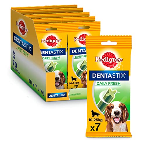 Pedigree DentaStix Daily Fresh Zahnpflegesnack für mittelgroße Hunde – Hundeleckerli mit Aktivwirkstoffen für jeden Tag – Für gesunde Zähne und einen frischen Atem – 70 Sticks (10 x 7 Stück) von PEDIGREE