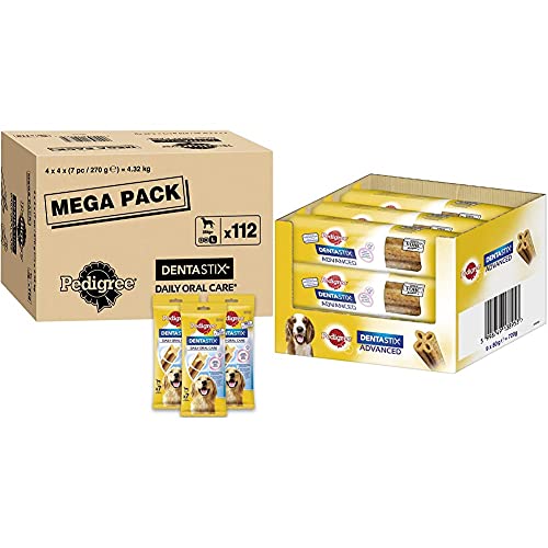 Pedigree DentaStix Daily Oral Care Zahnpflegesnack für große Hunde – 1 x 112 Stück & DentaStix Advance 2X Wöchentlich Hundeleckerli mittelgroße Hunde 10-25kg, 9 Stück (9 x 80g), 720 g von PEDIGREE