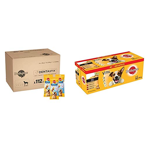 Pedigree DentaStix Daily Oral Care Zahnpflegesnack für große Hunde – 1 x 112 Stück & Vital Protection Hundenassfutter im Beutel – Hundefutter in Sauce mit Huhn, Rind, Geflügel & Lamm – 40 x 100g von PEDIGREE